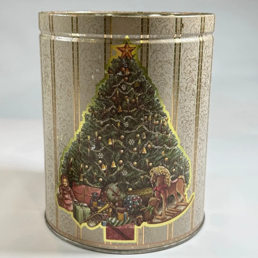 VTG Christmas Tin Holiday Cookie Canister Gold Victorian Tree Rocking Horse 8